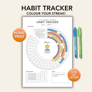May include: A white habit tracker with a colorful circular design for tracking daily and weekly habits. The text "HABIT TRACKER" and "COLOUR YOUR STREAK!" are at the top. Two pens, one blue and one green, are next to the tracker. The text "A4 & US LETTER" is on the bottom right.