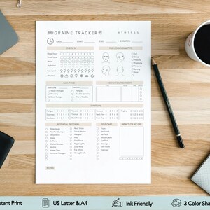 May include: A white paper migraine tracker form with black text and lines. The document includes sections for date, time, duration, check-in, pain location, aura phase, medication, symptoms, potential triggers, self-care, and notes for daily tracking.