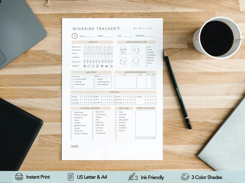 May include: A white paper migraine tracker form with black text and lines. The document includes sections for date, time, duration, check-in, pain location, aura phase, medication, symptoms, potential triggers, self-care, and notes for daily tracking.