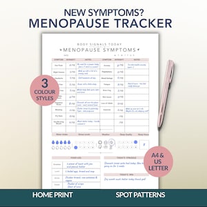 Könnte beinhalten: Ein druckbarer Menopause-Symptom-Tracker mit einem rosa Stift. Der Tracker enthält Abschnitte für Symptome, Intensität, Notizen und ein Ernährungsprotokoll. Der Text auf dem Tracker lautet "Neue Symptome? Menopause-Tracker."