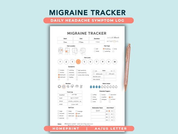 Migraine Tracker, Headache Diary, Daily Symptom Log, A4 US Letter