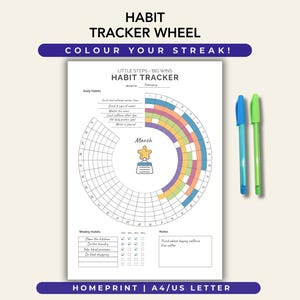 Puede incluir: Una hoja imprimible de seguimiento de hábitos con una cuadrícula circular para el seguimiento diario, un icono de trofeo de estrella central, secciones para hábitos diarios y semanales, y notas. Dos rotuladores en azul y verde junto al papel.