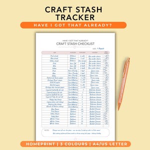May include: A white paper craft stash checklist with blue handwritten text, columns for item, category, quantity, and location, dated 9 August. A rose gold glitter pen is positioned to the right of the checklist, which features the text Craft Stash Tracker.