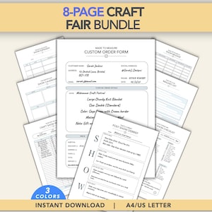 Könnte beinhalten: Ein 8-seitiges Kunsthandwerksmarkt-Paket mit druckbaren Dokumenten wie einem Kundenauftragsformular, Ausgabenübersicht, Kalender, Mailingliste, Messebriefing, Nachbesprechung und Checkliste. Die Seiten sind weiß mit schwarzem Text.