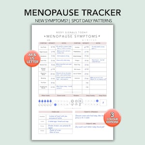 Puede incluir: Un imprimible blanco de Menopause Tracker con el texto "MENOPAUSE TRACKER" y "NEW SYMPTOMS? | SPOT DAILY PATTERNS". El rastreador incluye secciones para síntomas, notas y un registro de alimentos. Una pegatina roja y naranja dice "A4 & US LETTER".
