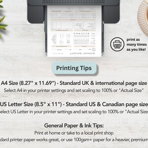 May include: A digital migraine tracker template printed on white paper, featuring sections for date, time, symptoms, and triggers. The text includes Printing Tips for A4 size 8.27 inches by 11.69 inches and US Letter size 8.5 inches by 11 inches.