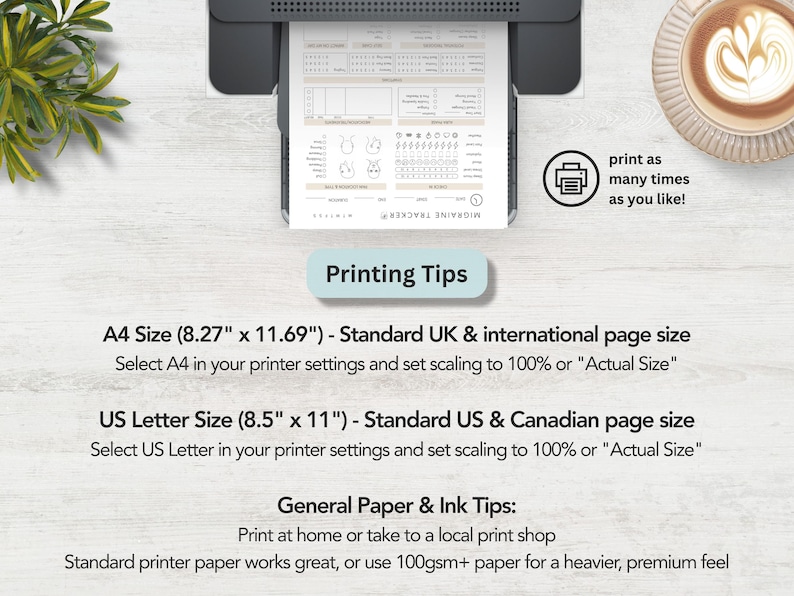 May include: A digital migraine tracker template printed on white paper, featuring sections for date, time, symptoms, and triggers. The text includes Printing Tips for A4 size 8.27 inches by 11.69 inches and US Letter size 8.5 inches by 11 inches.