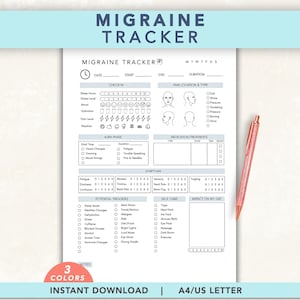 May include: A white paper migraine tracker form with black text and icons, featuring sections for check-in, pain location, aura phase, medication, symptoms, triggers, and self-care, accompanied by a metallic rose gold pen placed on the right side.