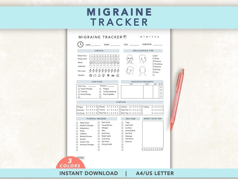 May include: A white paper migraine tracker form with black text and icons, featuring sections for check-in, pain location, aura phase, medication, symptoms, triggers, and self-care, accompanied by a metallic rose gold pen placed on the right side.