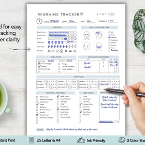 May include: A white Migraine Tracker paper form with blue ink entries. Sections include date, time, sleep, stress, mood, hydration, pain location, aura phase, medication, symptoms, triggers, self-care, and notes. The form features checkboxes and icons.