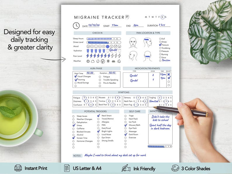 May include: A white Migraine Tracker paper form with blue ink entries. Sections include date, time, sleep, stress, mood, hydration, pain location, aura phase, medication, symptoms, triggers, self-care, and notes. The form features checkboxes and icons.