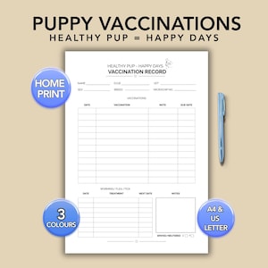 Vaccinatieverslag puppy, medicatielogboek huisdier, tracker hondenvaccin, vlooientekentabel ontwormen, geschiedenispagina behandeling dierenarts, eenvoudige afdrukbare pdf