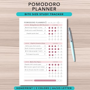May include: A white Pomodoro planner sheet with black text and pink accents, featuring sections for main tasks, study sub-tasks, and apple-shaped icons for tracking 25-minute intervals. A light blue pen rests beside the paper, which includes a productivity level scale at the bottom.