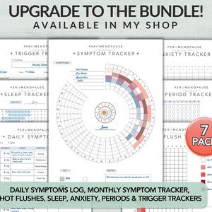 May include: A 7-pack of peri/menopause tracking sheets including a daily symptom log, monthly symptom tracker, sleep tracker, anxiety tracker, period tracker, and hot flush tracker. The pages feature circular and grid layouts with blue and red color coding.