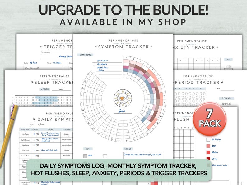 May include: A 7-pack of peri/menopause tracking sheets including a daily symptom log, monthly symptom tracker, sleep tracker, anxiety tracker, period tracker, and hot flush tracker. The pages feature circular and grid layouts with blue and red color coding.