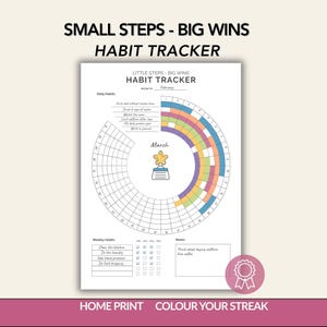 May include: A white habit tracker with the text "SMALL STEPS - BIG WINS HABIT TRACKER". The tracker includes daily and weekly habits, a section for notes, and a colorful circular progress chart for the month of March.