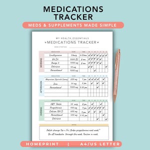 Może przedstawiać: Biała papierowa karta do śledzenia leków z czarnym tekstem i pastelowymi sekcjami na rano, popołudnie i wieczór. Siatka zawiera kolumny na lek, dawkę, czas i dni tygodnia z zaznaczeniami. Obok leży długopis w kolorze różowego złota.