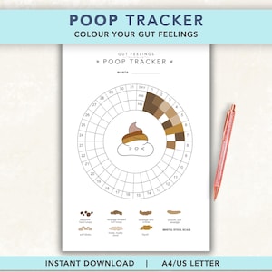 May include: A white paper poop tracker chart with a circular calendar grid, a central cartoon poop icon, and a Bristol stool scale at the bottom. The text reads POOP TRACKER and COLOUR YOUR GUT FEELINGS. A rose gold pen is placed to the right of the page.