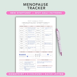 May include: A white paper menopause tracker sheet with black text and pink accents. The form includes sections for body signals, symptoms, intensity, notes, water intake, food logs, and daily struggles. A light pink pen is positioned to the right.