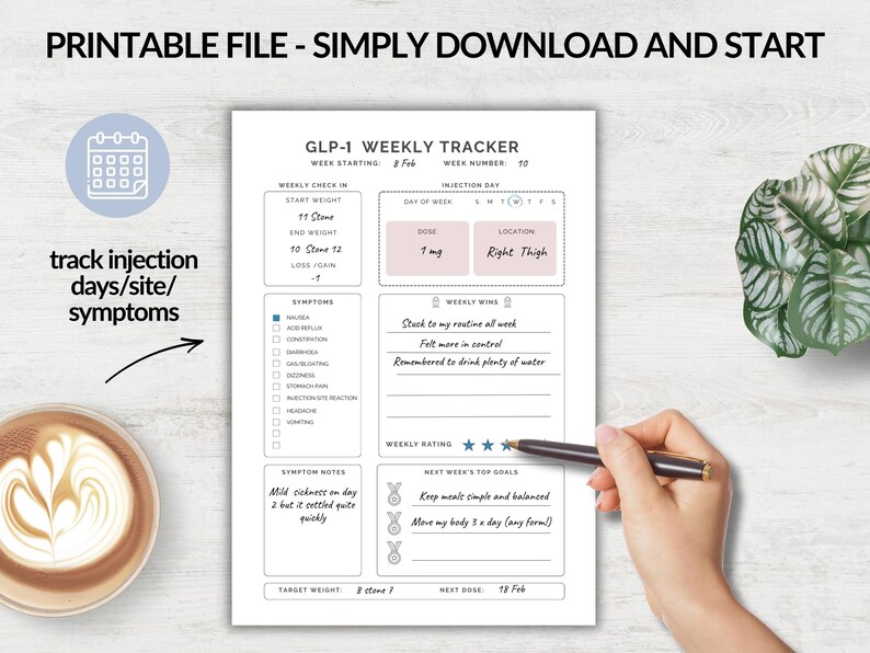 GLP-1 Weekly Injection Tracker. Printable Log for Monitoring Weight ...
