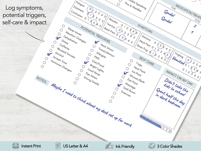 May include: A white paper symptom tracker form with blue text and checkboxes. Sections include potential triggers, symptoms with numerical scales, self-care, and impact on my day. Handwritten notes include, Maybe I need to think about my desk set up for work.