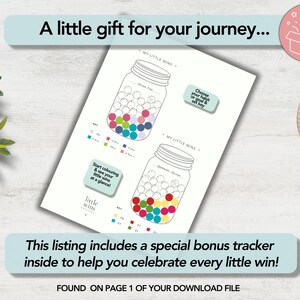 May include: A printable habit tracker sheet featuring two mason jar illustrations labeled My Little Wins. The jars contain circles to color, with color-coded keys for tracking goals. Text includes A little gift for your journey and This listing includes a special bonus tracker inside to help you celebrate every little win!
