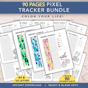 May include: A 90-page pixel tracker bundle featuring various habit tracking sheets with grids, keys, and illustrations. Titles include Protein, Cardio, Socials, Treats, Gym, Side-Hustle, Breathe, Baking, and Pain. Includes A4 and US Letter sizes.