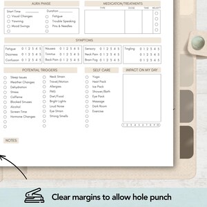May include: A white paper planner insert featuring sections for Aura Phase, Medication, Symptoms, Potential Triggers, Self Care, and Impact on My Day. The layout includes checkboxes, rating scales, and a notes section with a clear margin for hole punching.