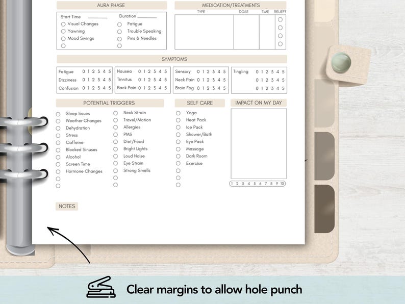 May include: A white paper planner insert featuring sections for Aura Phase, Medication, Symptoms, Potential Triggers, Self Care, and Impact on My Day. The layout includes checkboxes, rating scales, and a notes section with a clear margin for hole punching.