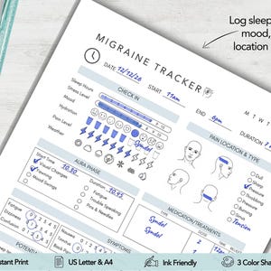 May include: A white paper migraine tracker form with blue ink entries. The document includes sections for date, time, sleep, stress, mood, hydration, pain level, weather, aura phase, symptoms, and medication. It features diagrams of a human head.