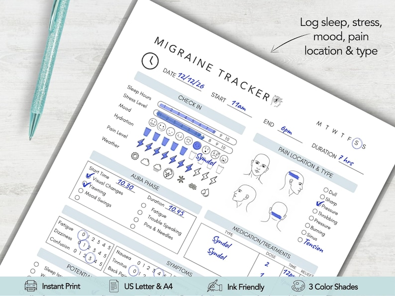 May include: A white paper migraine tracker form with blue ink entries. The document includes sections for date, time, sleep, stress, mood, hydration, pain level, weather, aura phase, symptoms, and medication. It features diagrams of a human head.