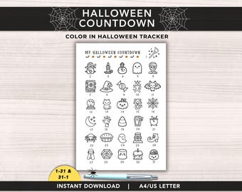 May include: A white paper sheet titled MY HALLOWEEN COUNTDOWN featuring thirty-one numbered black and white line art icons including ghosts, pumpkins, bats, and candy. The header reads HALLOWEEN COUNTDOWN and COLOR IN HALLOWEEN TRACKER.