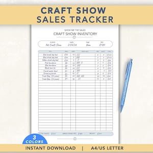 May include: A white paper craft show sales tracker sheet with black text and grid lines. The document includes headers for event details, inventory items, prices, quantities, and sales totals. A blue ballpoint pen rests on the right side of the page.