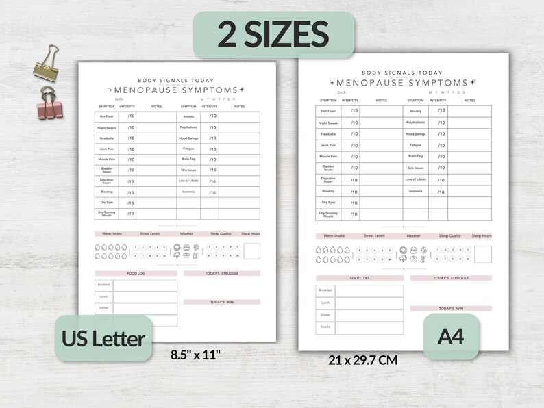 May include: Two white paper symptom tracker sheets titled Body Signals Today Menopause Symptoms. The left sheet is labeled US Letter 8.5 x 11 inches, and the right sheet is labeled A4 21 x 29.7 cm. Both include tables for symptoms, water intake, food logs, and daily notes.