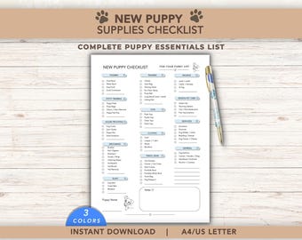 May include: A white paper checklist titled New Puppy Checklist with categories including feeding, training, walking, potty training, toys, health, house proofing, grooming, clothes, travel gear, services, and sleep, accompanied by a patterned pen.