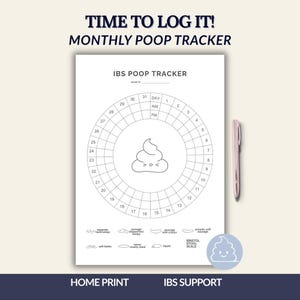 May include: A white IBS Poop Tracker with the text "TIME TO LOG IT! MONTHLY POOP TRACKER". The tracker includes a circular chart with days and times, and a diagram of a poop emoji. A pen is on the right.
