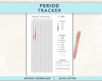 May include: A white paper period tracker for the year 2026 with a grid of circles for daily logging, a flow key, a symptom key, and a cycle length table. The document features black text and a rose gold pen is positioned to the right of the page.