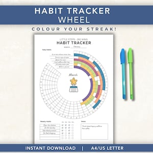 May include: A printable habit tracker sheet featuring a circular wheel design for tracking daily habits, with sections for monthly goals, weekly tasks, and notes. The page includes a star icon, text labels, and is accompanied by two felt-tip pens in blue and green.