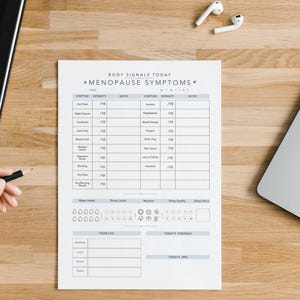 May include: A white paper tracker titled Body Signals Today Menopause Symptoms with columns for symptom intensity and notes, including sections for water intake, stress levels, weather, sleep quality, food log, today's struggle, and today's win.