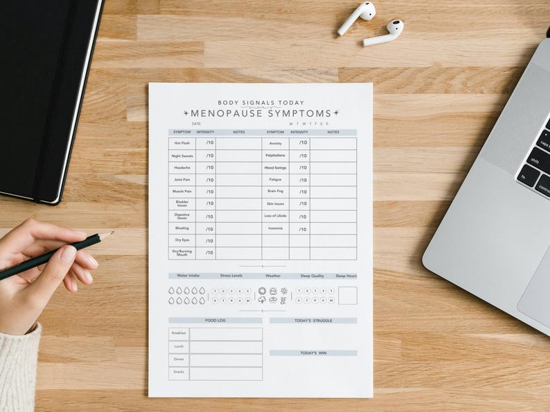 May include: A white paper tracker titled Body Signals Today Menopause Symptoms with columns for symptom intensity and notes, including sections for water intake, stress levels, weather, sleep quality, food log, today's struggle, and today's win.