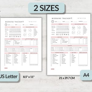 May include: Two white paper migraine tracker forms with black text and pink accents. One sheet is labeled US Letter 8.5 inches by 11 inches, and the other is labeled A4 21 cm by 29.7 cm. The forms include sections for date, time, pain location, symptoms, and triggers.