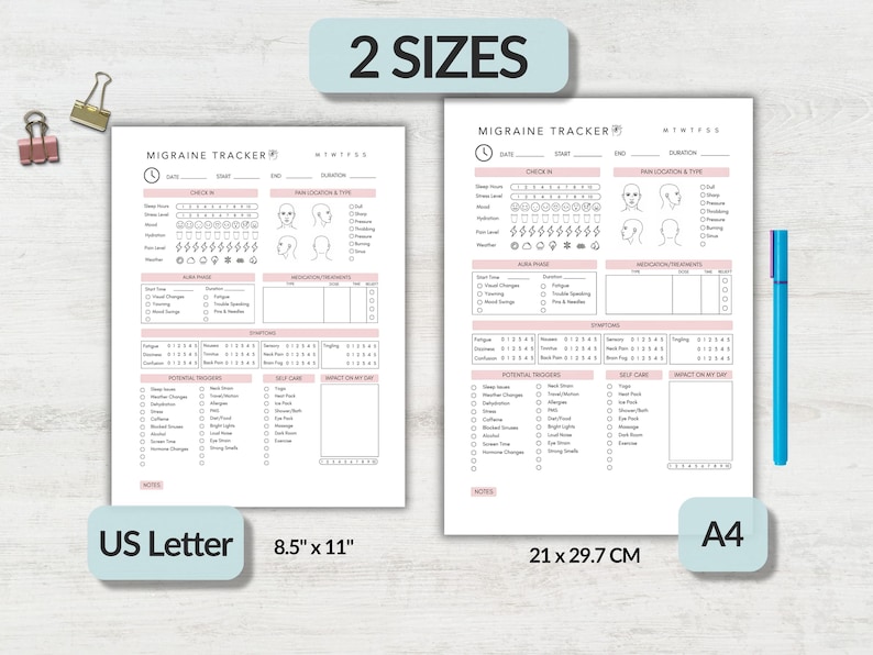 May include: Two white paper migraine tracker forms with black text and pink accents. One sheet is labeled US Letter 8.5 inches by 11 inches, and the other is labeled A4 21 cm by 29.7 cm. The forms include sections for date, time, pain location, symptoms, and triggers.