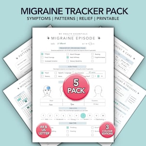 Migraine Tracker Bundle, Printable Headache Diary Pack, Daily Migraine Symptoms Journal, Chronic Pain Trigger Logs, Medicines Tracking Sheet