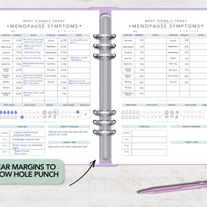 May include: A lavender six-ring binder open to two pages titled Body Signals Today Menopause Symptoms. The pages feature tables for tracking symptoms, water intake, sleep, food logs, and daily struggles. A light purple pen rests below the binder.