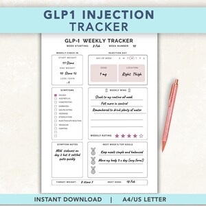 Può includere: Un foglio di monitoraggio settimanale GLP-1 bianco con testo nero e accenti rosa, che presenta sezioni per peso, dettagli iniezione, sintomi, successi settimanali e obiettivi, accompagnato da una penna rosa metallizzata sul lato destro.