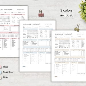 May include: Three printable migraine tracker sheets in rose, sage blue, and linen colors. Each sheet features sections for date, time, check-in, pain location, aura phase, medication, symptoms, potential triggers, self-care, and notes.