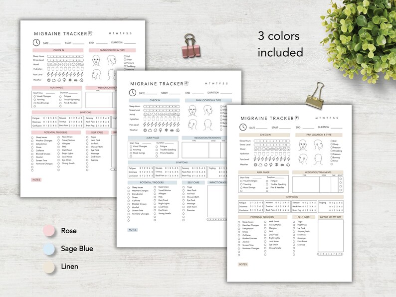 May include: Three printable migraine tracker sheets in rose, sage blue, and linen colors. Each sheet features sections for date, time, check-in, pain location, aura phase, medication, symptoms, potential triggers, self-care, and notes.