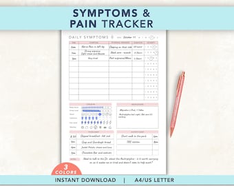 May include: A white paper symptoms and pain tracker sheet with black text and pink accents, featuring a daily symptoms table, food diary, activity log, and medication section. A rose gold glitter pen is placed to the right of the document.