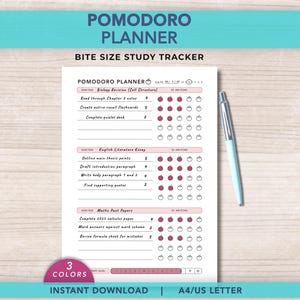 May include: A white Pomodoro planner sheet with pink headers and rows for study tasks, featuring columns of tomato icons to track 25-minute intervals. The page includes sections for Biology, English Literature, and Maths, with a light blue pen placed beside it.