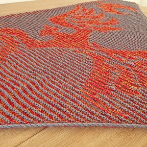 May include: Triangular gray and red knitted shawl with a detailed phoenix design. The shawl features a textured pattern with a vibrant orange phoenix motif across the surface. The edges are neatly finished.